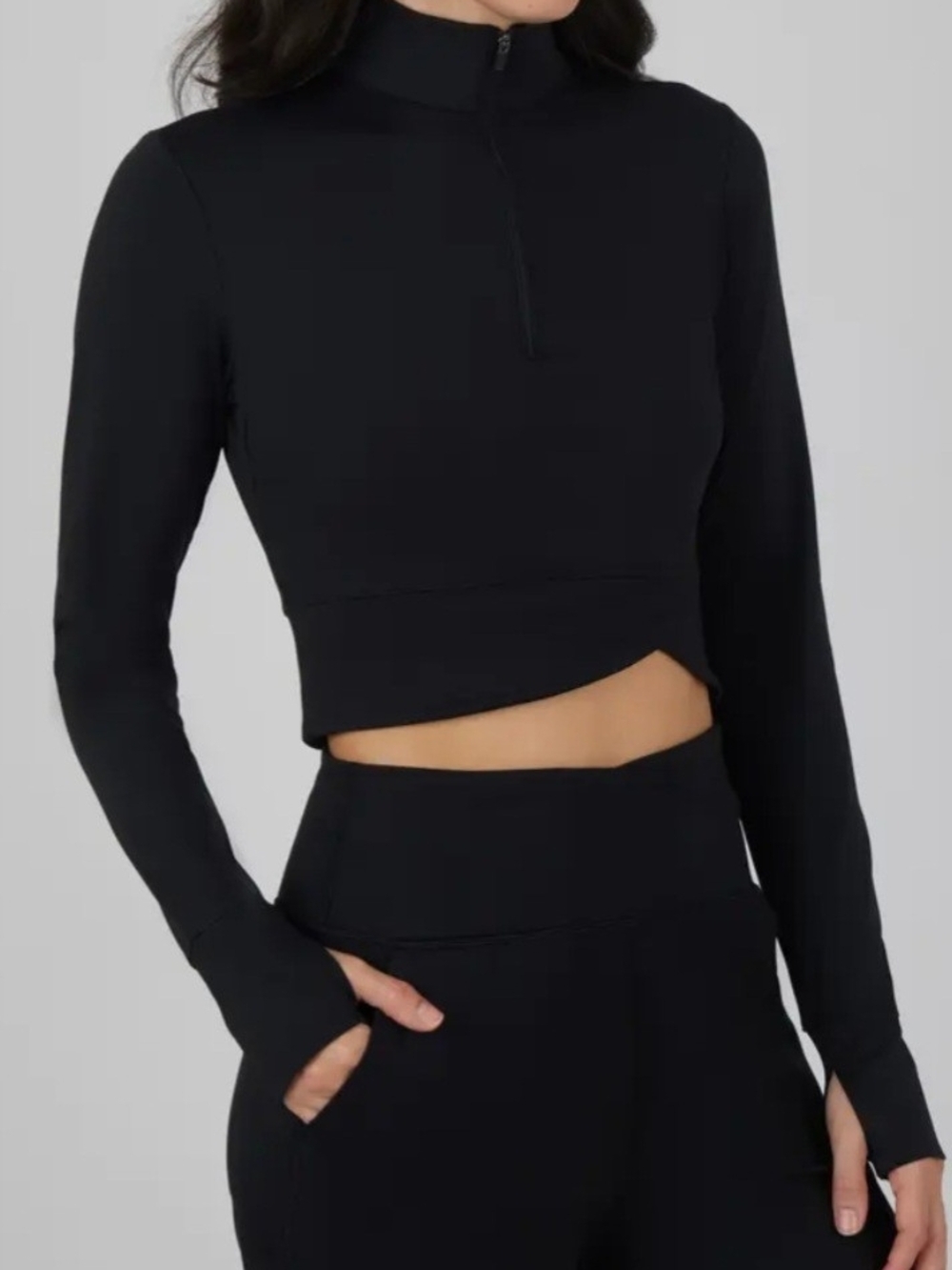 Yogalicious Black Long-Sleeve Half-Zip Crop Top